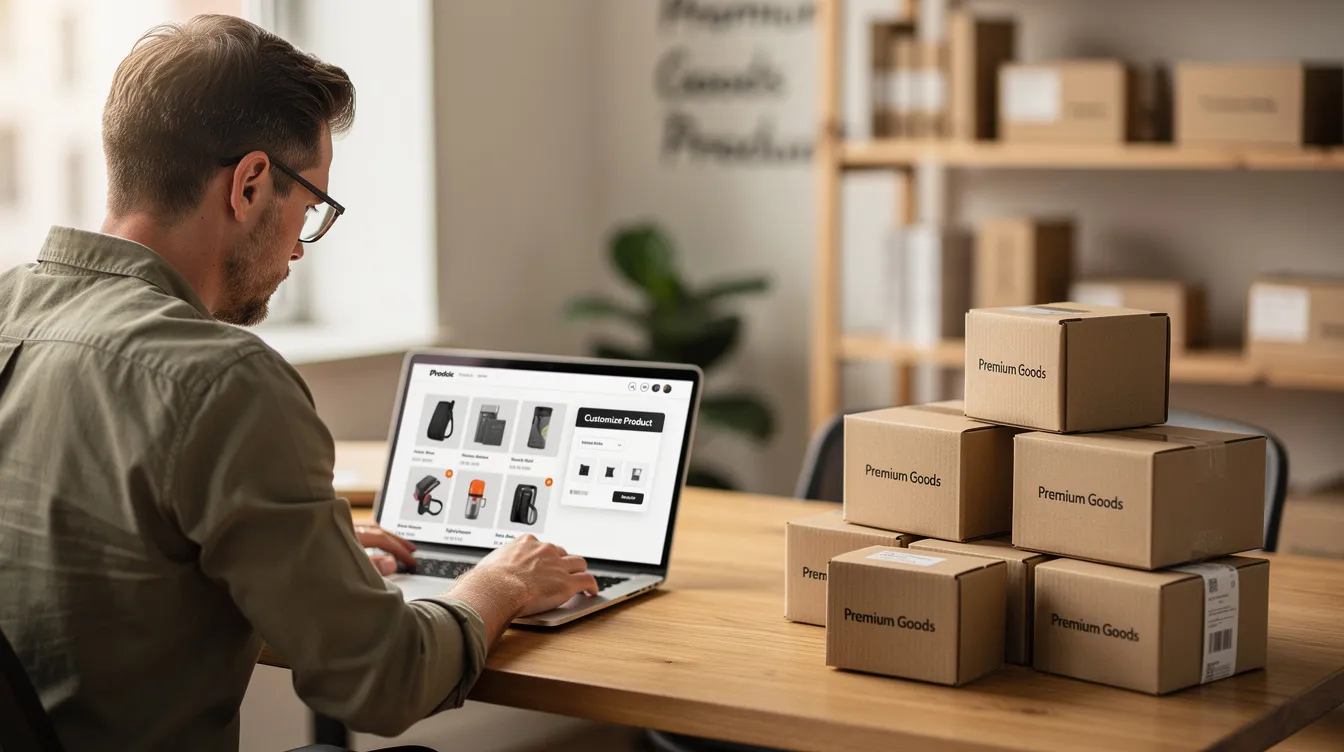 A store owner is sitting at a desk, reviewing ecommerce product customization options on a laptop, while packaged products are neatly arranged beside them. The scene reflects the process of managing woocommerce product add ons, highlighting the importance of personalizing products for an online store.