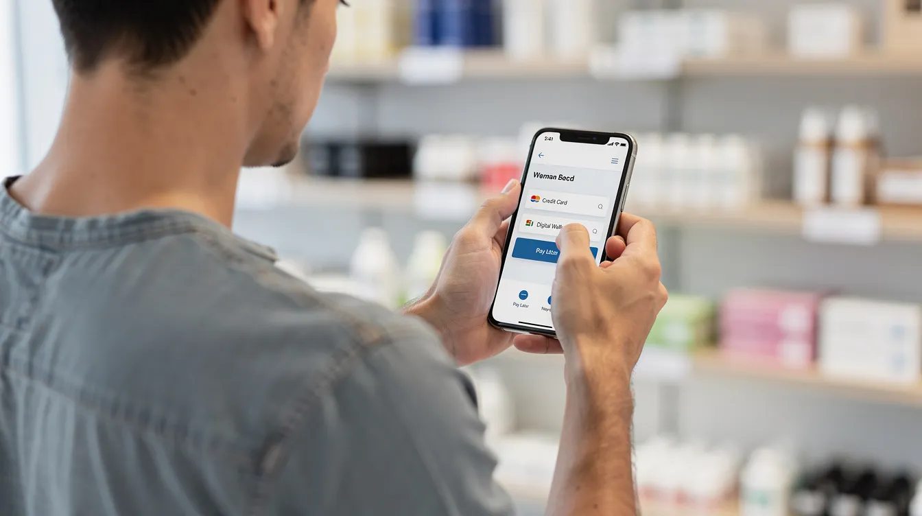 A mobile shopper is holding a smartphone and selecting a payment option on a sleek checkout page, likely part of a customized WooCommerce checkout experience. The scene captures the convenience of online shopping as the user navigates through payment methods on their device.