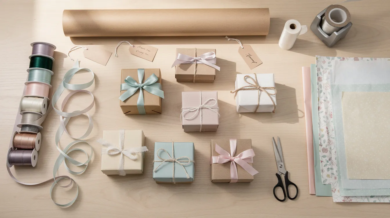 A clean worktable is adorned with an array of handmade gifts, colorful ribbons, and various packaging materials, creating a charming scene for gift wrapping. This setup reflects the creativity and personalization often sought in online stores, particularly for customizing products with unique add ons.