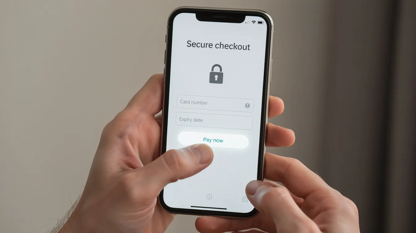 A close-up image shows hands holding a smartphone, actively engaging with a secure online checkout page, highlighting the ease of the checkout experience in an ecommerce store. The screen displays a streamlined woocommerce checkout form, emphasizing the importance of payment methods and checkout fields for a smooth purchase process.