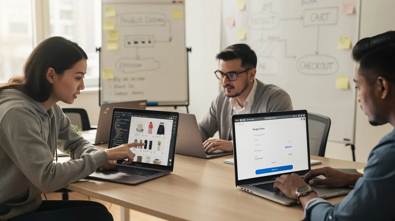 The image depicts a group of developers focused on reviewing eCommerce code on their laptops, discussing the integration of the WooCommerce REST API to enhance the functionality of a WordPress website. They are examining API requests and documentation to ensure secure access to sensitive store data and optimize the customer-facing cart experience.