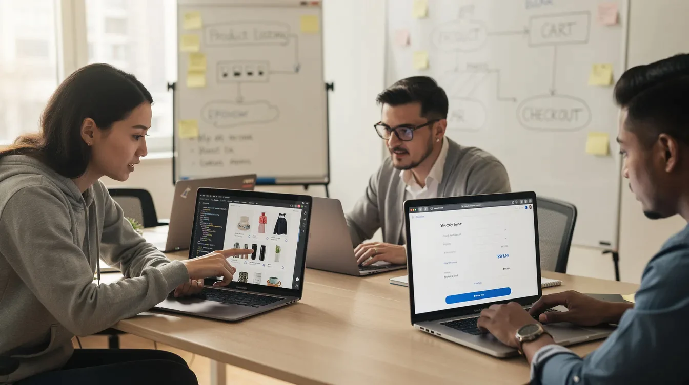 The image depicts a group of developers focused on reviewing eCommerce code on their laptops, discussing the integration of the WooCommerce REST API to enhance the functionality of a WordPress website. They are examining API requests and documentation to ensure secure access to sensitive store data and optimize the customer-facing cart experience.
