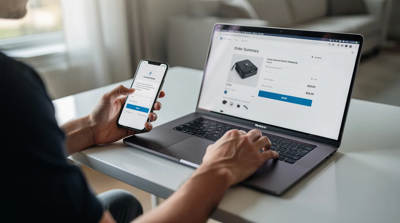 A person sits at a desk, using a laptop and a smartphone to review their online purchase on the WooCommerce checkout page. The scene captures the focus on the checkout experience, highlighting the process of evaluating payment methods and shipping options.