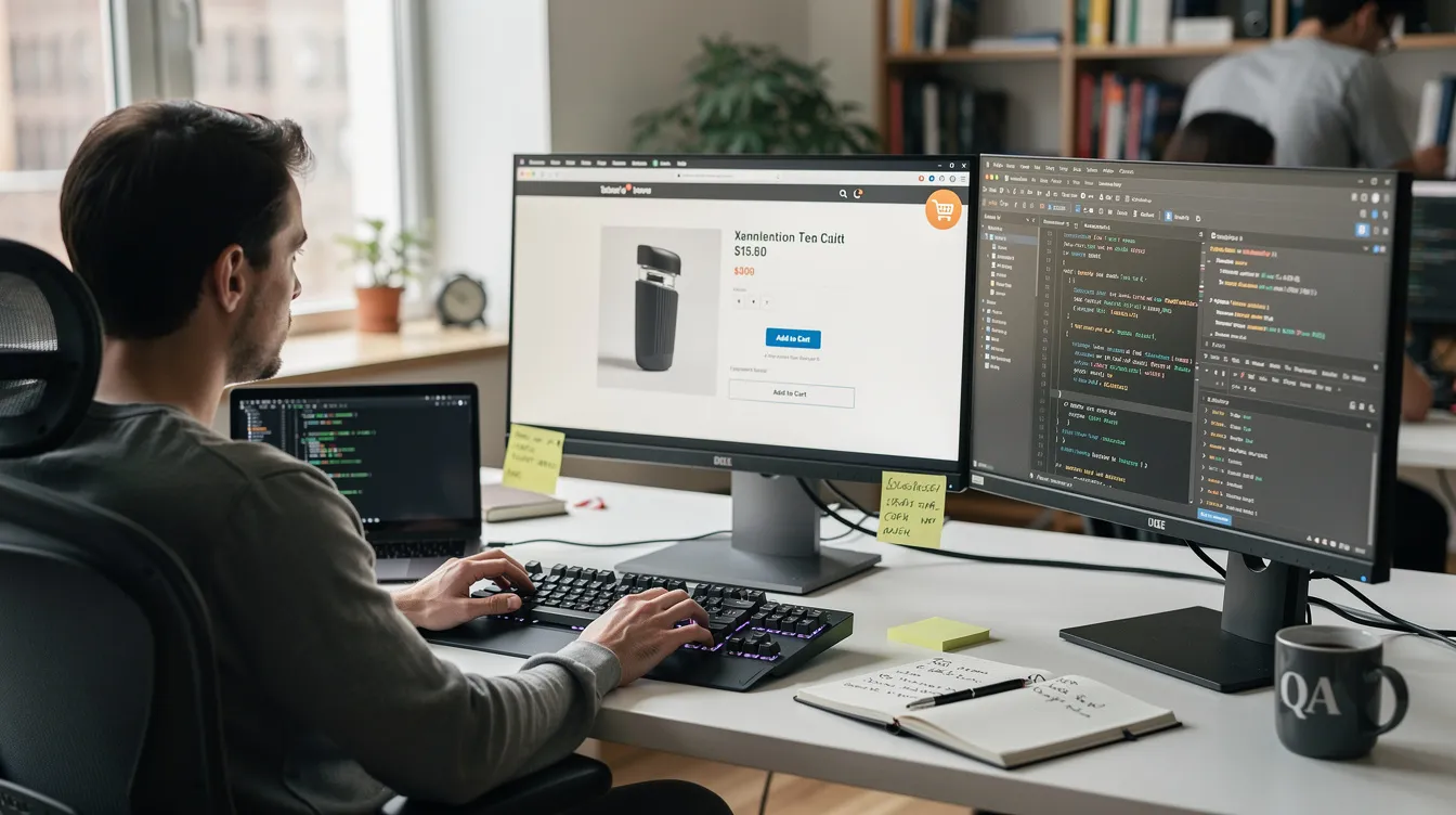 A software engineer is focused on testing an eCommerce website, specifically working with the WooCommerce REST API to ensure proper functionality. The scene captures the developer interacting with code and tools to manage sensitive store data and API requests for product functionality.