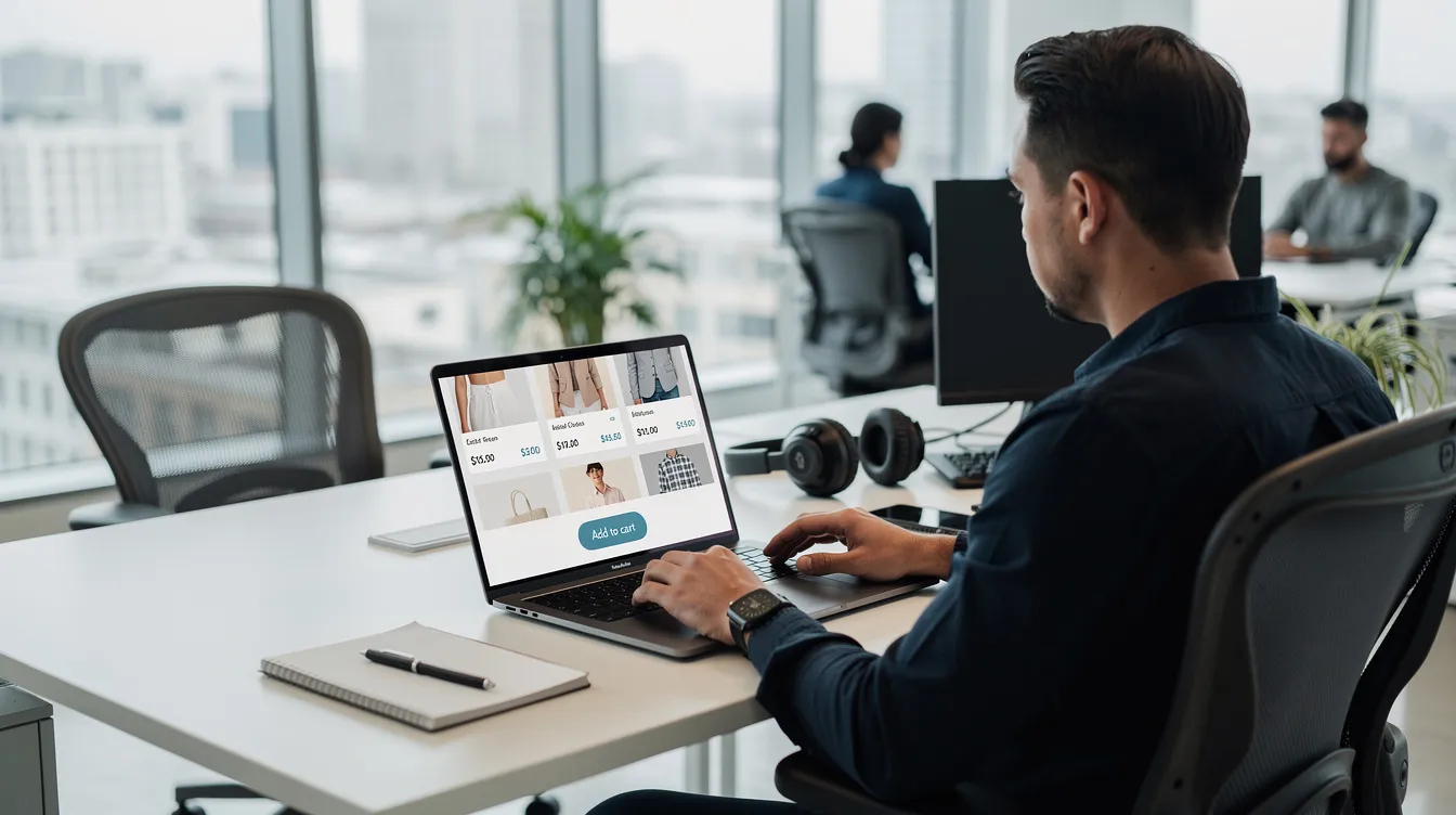 A developer is focused on creating an ecommerce website from a laptop in a modern office, surrounded by sleek furniture and ambient lighting. The scene suggests an emphasis on enhancing product pages with features like WooCommerce product addons and custom options to boost sales for an online store.