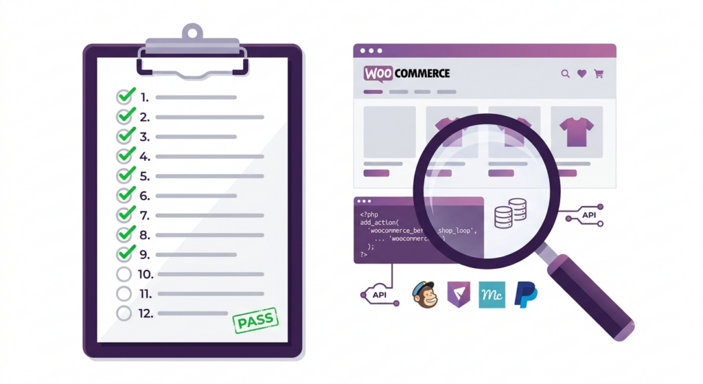A clipboard checklist showing 9 of 12 items checked off with a green PASS stamp, next to a WooCommerce storefront being inspected with a magnifying glass that reveals underlying code, database tables, and API integrations.