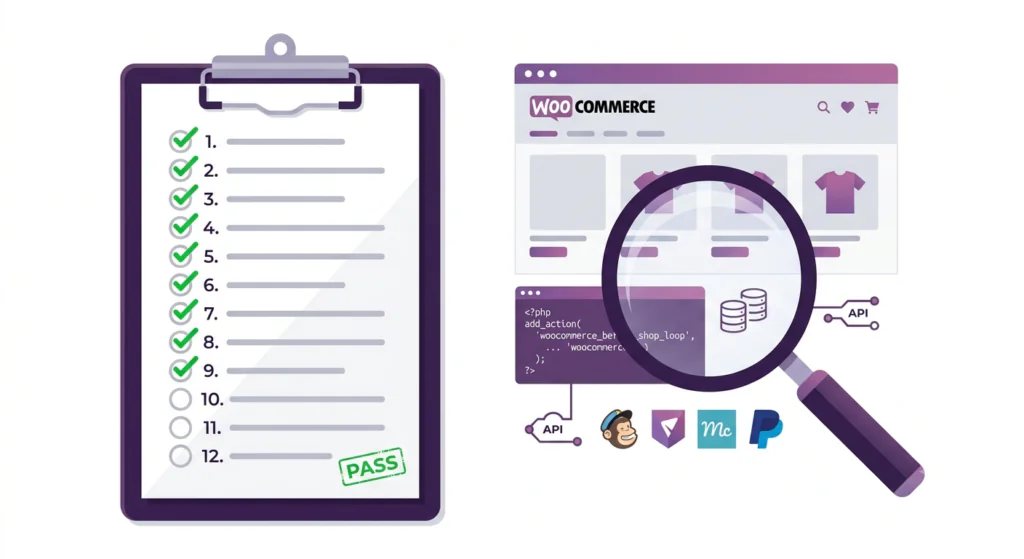 A clipboard checklist showing 9 of 12 items checked off with a green PASS stamp, next to a WooCommerce storefront being inspected with a magnifying glass that reveals underlying code, database tables, and API integrations.