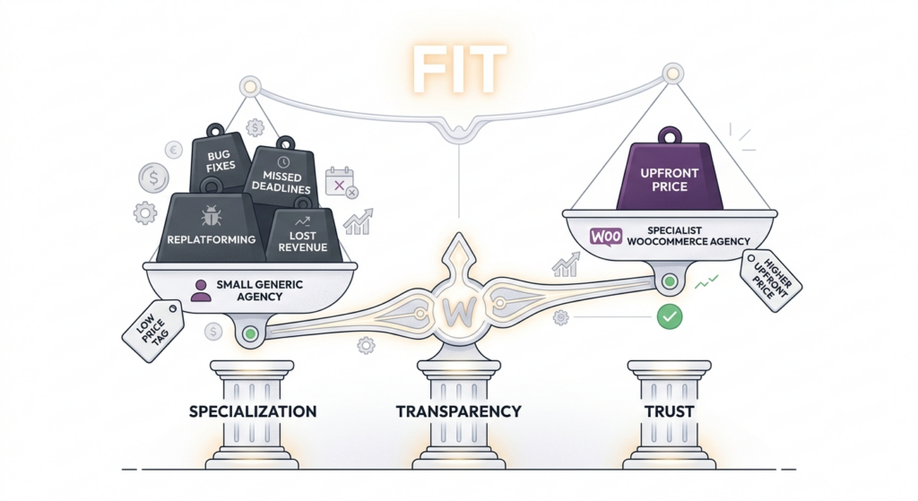 A balance scale illustrating the article's conclusion: the left pan, weighed down by a small generic agency's low price tag plus hidden costs like bug fixes, missed deadlines, replatforming, and lost revenue, sits lower than the right pan, which shows a specialist WooCommerce agency with a higher upfront price but no hidden weight. The scale rests on three pillars: Specialization, Transparency, and Trust.