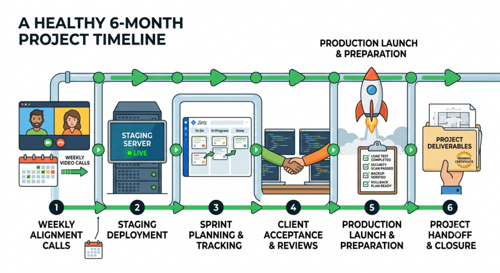 A six-stage pipeline timeline titled "A Healthy 6-Month Project Timeline" showing: weekly alignment calls, staging deployment, sprint planning and tracking in Jira, client acceptance and reviews, production launch preparation with a rocket and pre-launch checklist, and project handoff with deliverables.