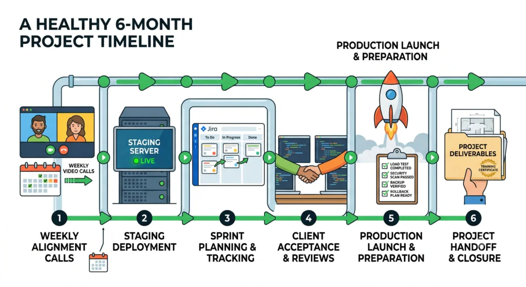 A six-stage pipeline timeline titled "A Healthy 6-Month Project Timeline" showing: weekly alignment calls, staging deployment, sprint planning and tracking in Jira, client acceptance and reviews, production launch preparation with a rocket and pre-launch checklist, and project handoff with deliverables.