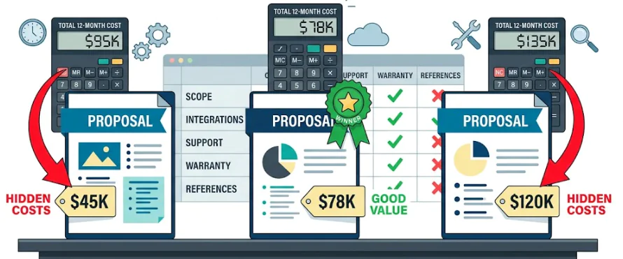 Three competing proposals on a desk, each with a calculator showing true 12-month total cost of ownership. The $45K and $120K proposals reveal hidden costs that inflate their real price, while the $78K proposal is marked as the winner with good value and no hidden fees.
