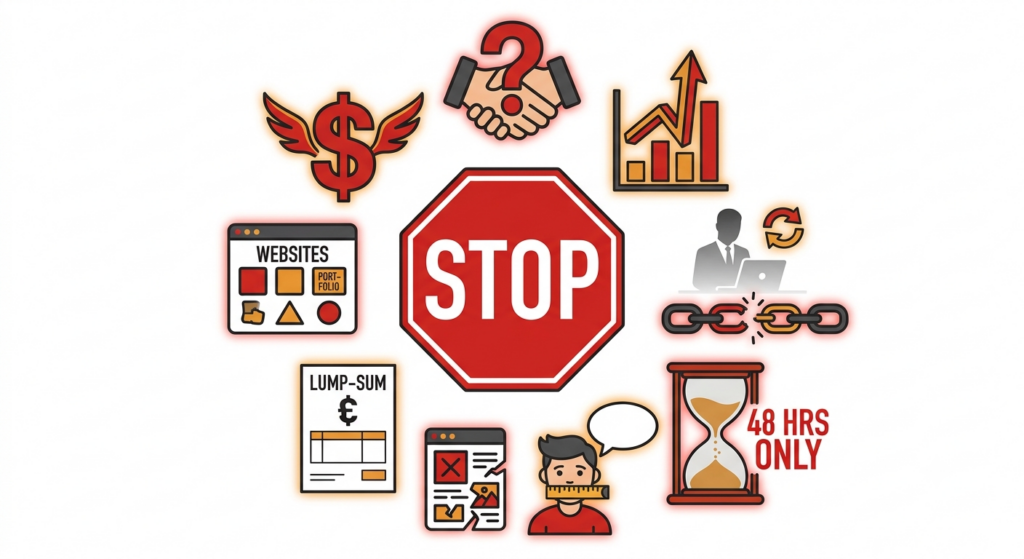 A central red stop sign surrounded by warning icons representing agency red flags: a flying dollar sign, a questionable handshake, an unrealistic growth chart, a broken subcontractor chain, a 48-hour deadline hourglass, a silenced client, a broken website, and a vague lump-sum invoice.