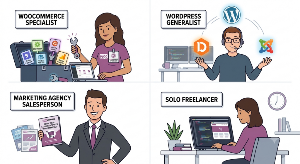A four-panel comic illustration showing the four types of WooCommerce providers: a WooCommerce Specialist with a toolbox of plugins, a WordPress Generalist juggling multiple CMS platforms, a Marketing Agency Salesperson holding brochures, and a Solo Freelancer coding alone at a desk.