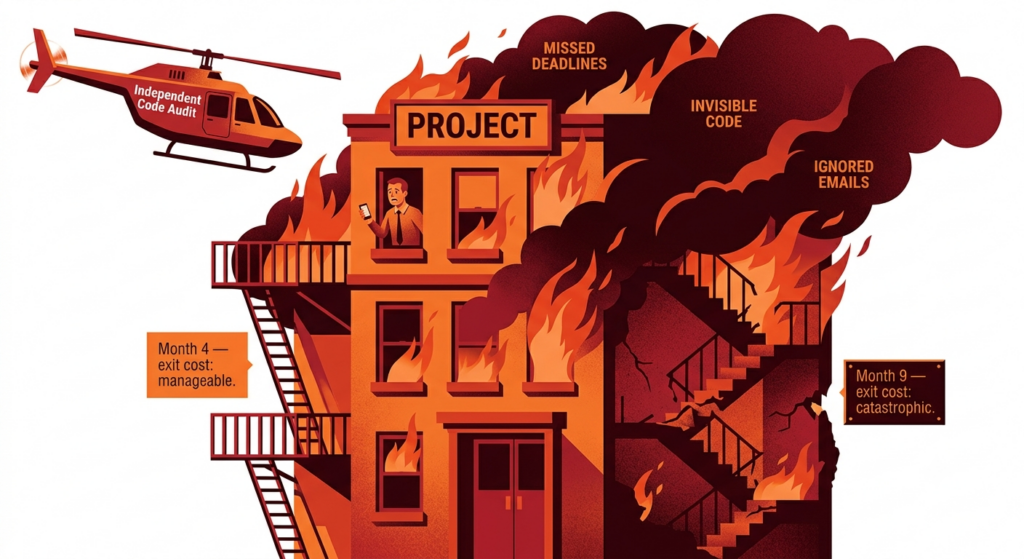 A building labeled "PROJECT" engulfed in flames with smoke clouds reading "Missed Deadlines," "Invisible Code," and "Ignored Emails." A helicopter labeled "Independent Code Audit" hovers nearby. A fire escape is marked "Month 4 — exit cost: manageable," while crumbling stairs are marked "Month 9 — exit cost: catastrophic."