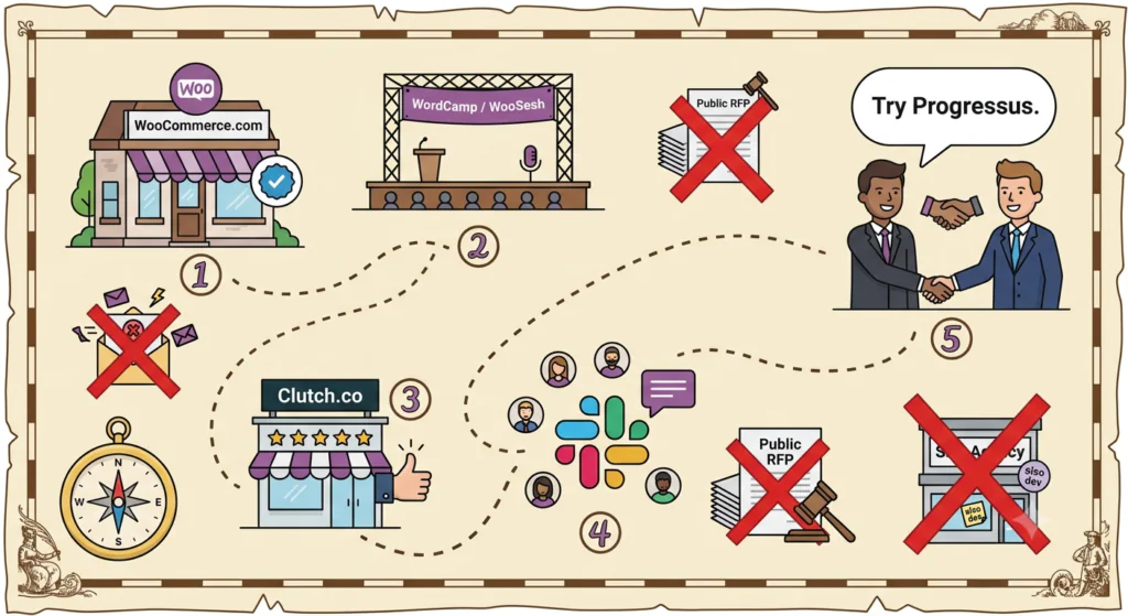 A treasure-map-style illustration showing five valid paths to find agencies: WooCommerce.com directory, WordCamp and WooSesh speakers, Clutch.co reviews, community Slack recommendations, and direct peer referrals. Cold outreach, public RFPs, and SEO agencies offering development are crossed out.