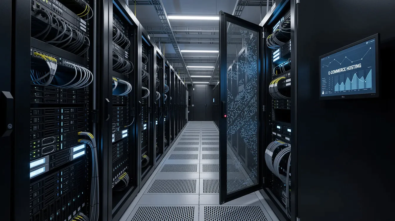 The image depicts a modern server room filled with racks of servers and networking equipment, symbolizing the robust infrastructure necessary for ecommerce hosting. This setup ensures that online stores, like those using WooCommerce, can efficiently manage database updates and maintain security and performance for their websites.