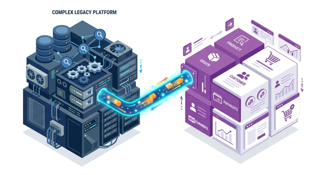 Isometric illustration contrasting complex Magento server architecture with streamlined WooCommerce structure, connected by a data migration pipeline.