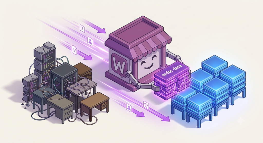 Isometric 3D illustration showing WooCommerce order data migrating from legacy database tables into modern high-performance tables.