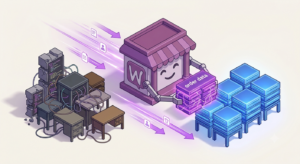 Isometric 3D illustration showing WooCommerce order data migrating from legacy database tables into modern high-performance tables.