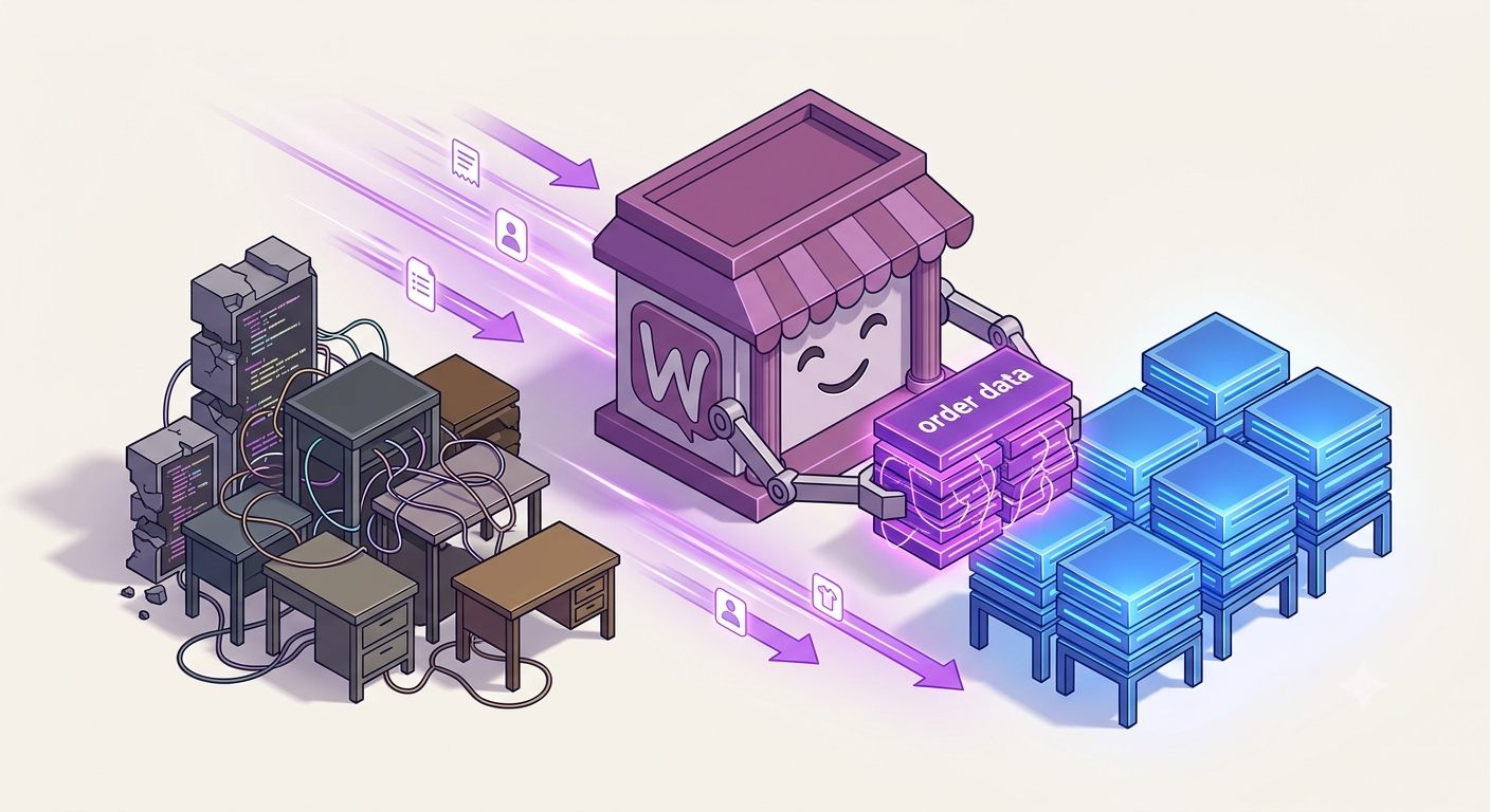 Isometric 3D illustration showing WooCommerce order data migrating from legacy database tables into modern high-performance tables.