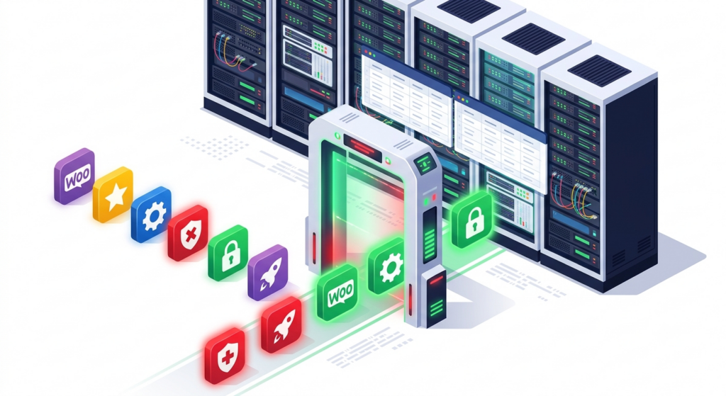 A 3D security gate checkpoint scanning WooCommerce plugins for HPOS compatibility, with some passing and others blocked.