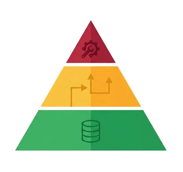 Three-tier risk pyramid showing low-risk direct data transfers at the wide base, medium-risk mapping in the middle, and high-risk rebuilds at the narrow top.