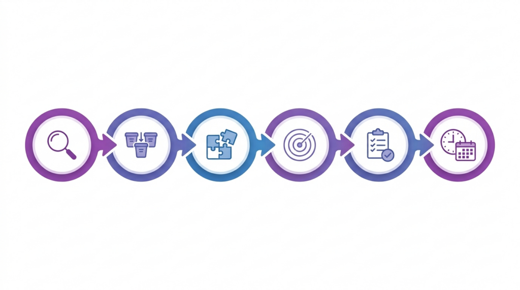 Six-step horizontal workflow diagram illustrating the discovery audit process for a Magento-to-WooCommerce migration.