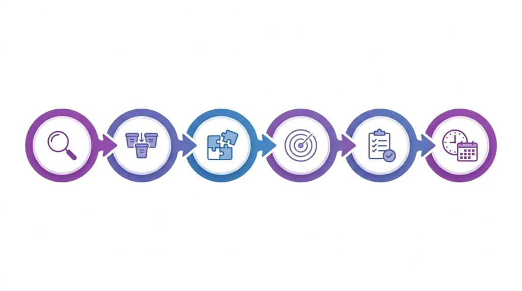 Six-step horizontal workflow diagram illustrating the discovery audit process for a Magento-to-WooCommerce migration.