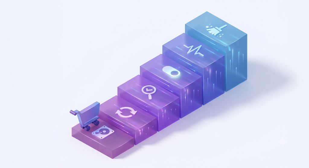 An isometric six-step staircase illustrating the HPOS migration playbook from backup through cleanup.