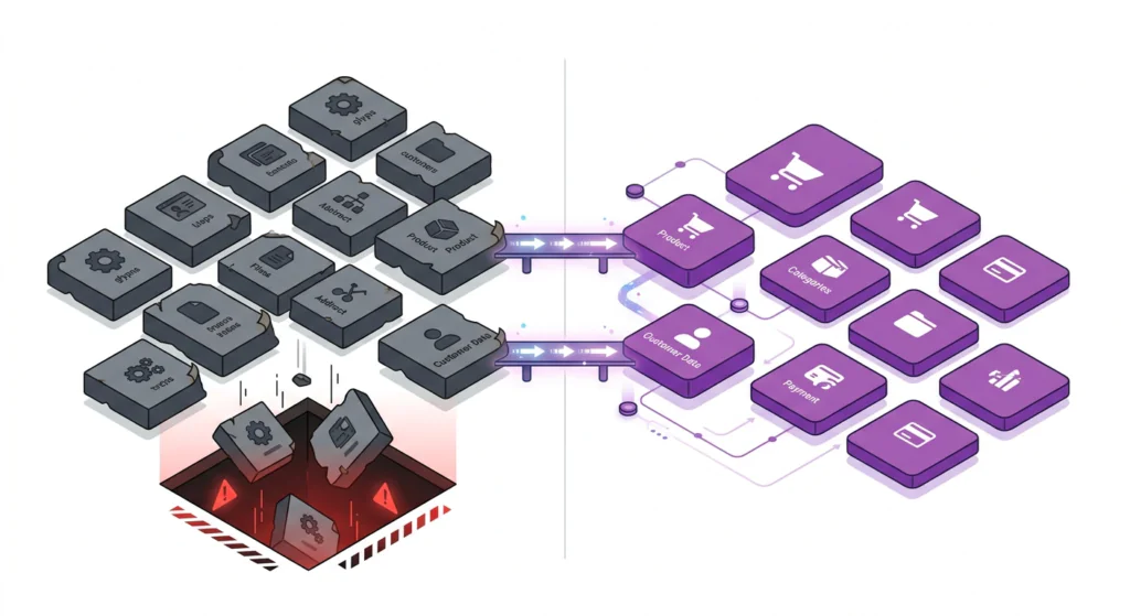 Illustration of old Magento URL blocks being connected by 301 redirect bridges to new WooCommerce URL structures, with unmapped URLs falling into a gap.