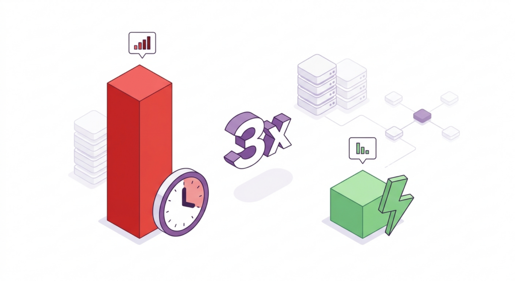 A 3D performance dashboard visualization showing a three-times speed improvement after HPOS migration.
