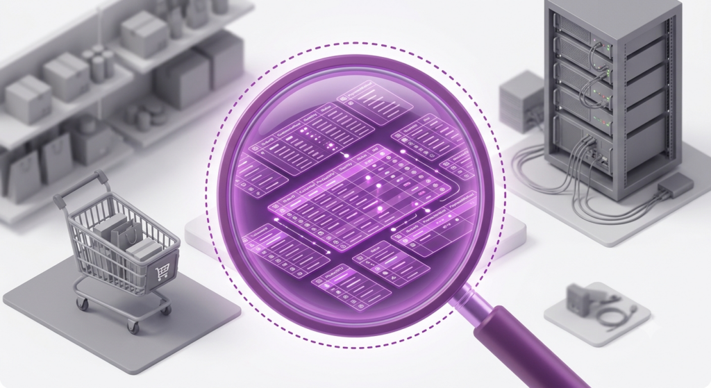 A magnifying glass focusing on order database tables while checkout, products, and hosting remain blurred outside the scope boundary.
