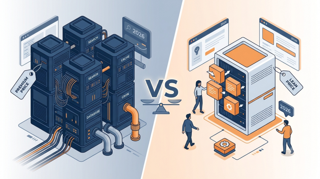 Featured illustration for WooCommerce vs Magento enterprise comparison: a heavy complex server fortress versus a lean modular storefront engine, separated by a balanced scale.