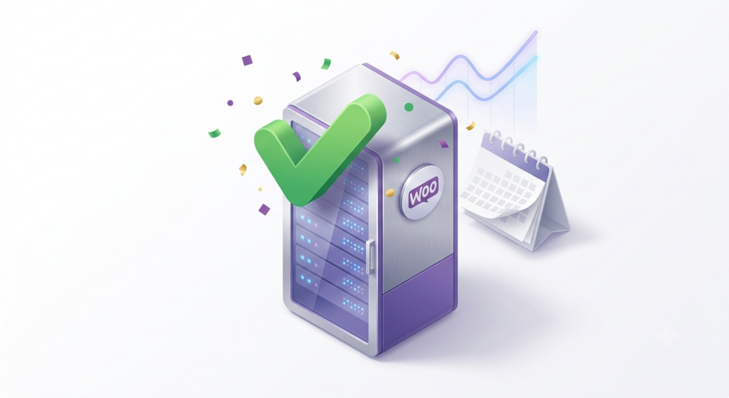 A 3D illustration of a successfully migrated WooCommerce database server with a completion checkmark and performance trend lines.