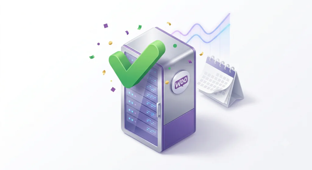 A 3D illustration of a successfully migrated WooCommerce database server with a completion checkmark and performance trend lines.