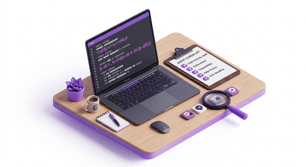 A 3D developer workspace showing code auditing, regex scanning, and plugin compatibility checklist inspection.