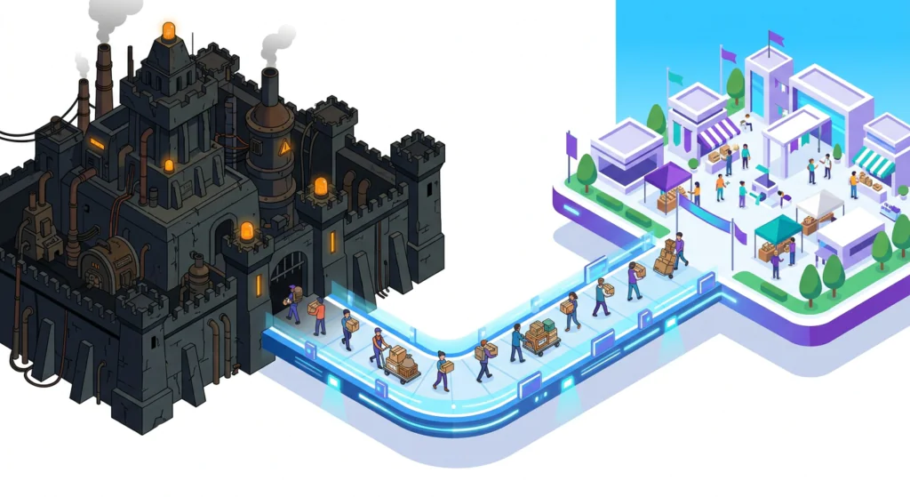 Isometric illustration of merchants crossing a bridge from a dark complex legacy fortress to a bright modern marketplace, representing the 2026 shift from Magento to WooCommerce.
