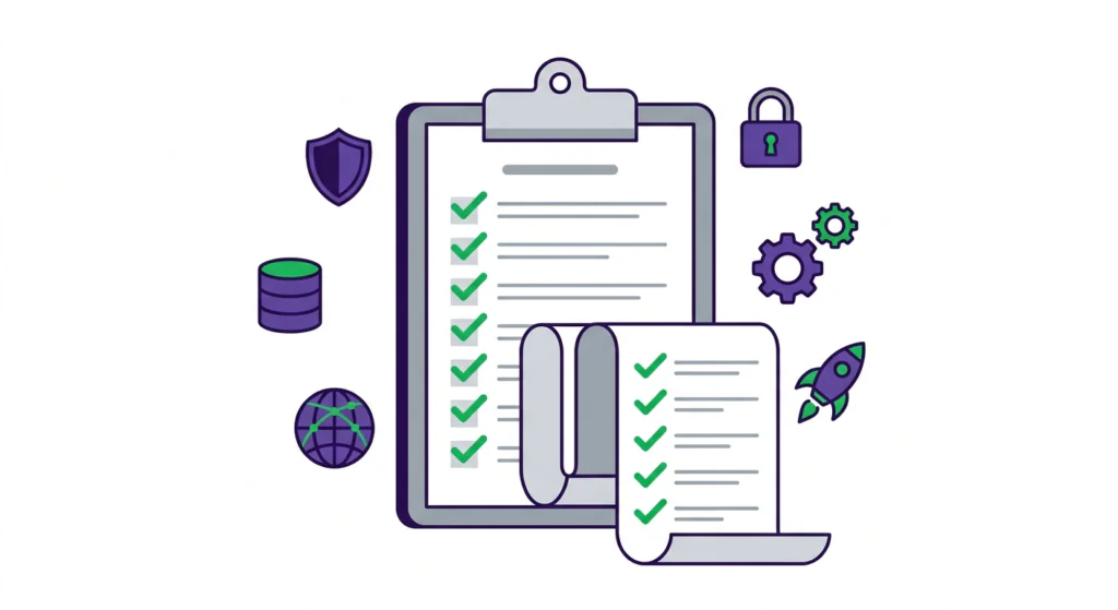 Pre-flight checklist illustration with a clipboard, green checkmarks, and floating icons for security, database, domain, and launch readiness.